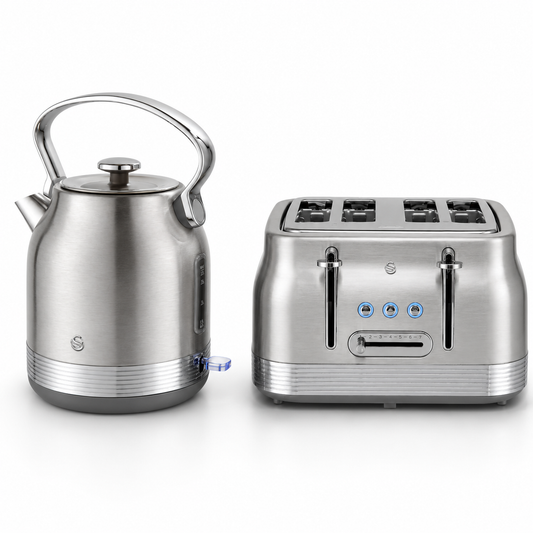 Stainless steel retro kettle and 4-slice toaster, with brushed-metal look