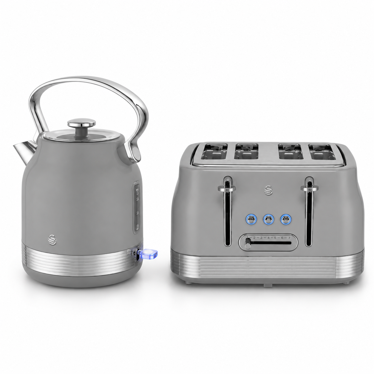 Grey retro pyramid kettle and 2-slice toaster, side-by-side front view