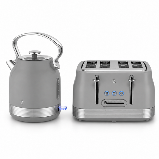Grey retro pyramid kettle and 2-slice toaster, side-by-side front view