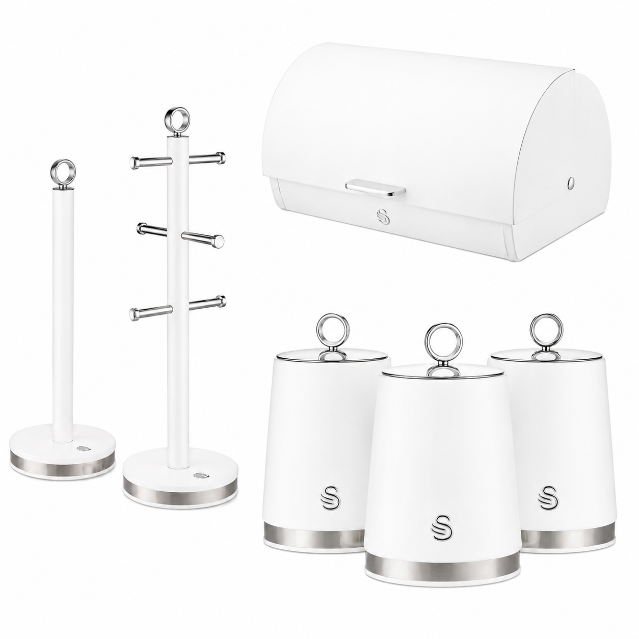 Swan Swan Serenity Bread Bin, Canisters, Mug Tree & Towel Pole Kitchen Storage Set (White)