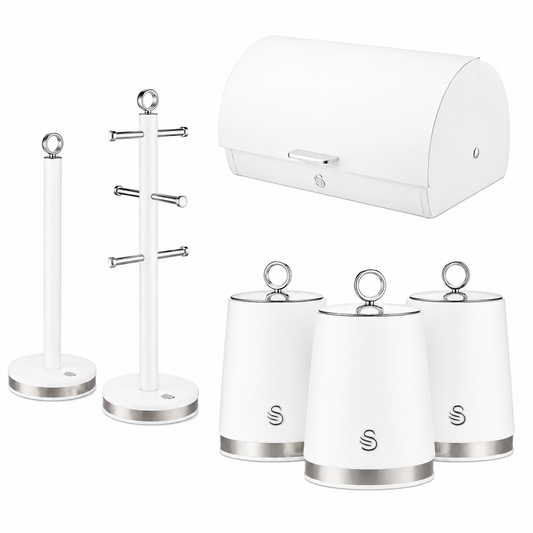 White kitchen storage set with bread bin, mug tree stand, and three matching canisters