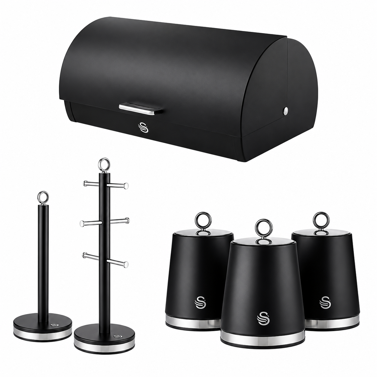 Swan Swan Serenity Bread Bin, Canisters, Mug Tree & Towel Pole Set (Black)