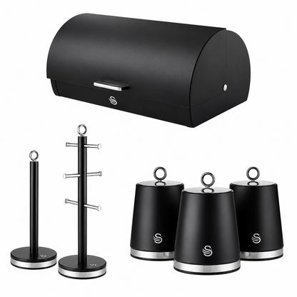 Swan Swan Serenity Bread Bin, Canisters, Mug Tree & Towel Pole Set (Black)