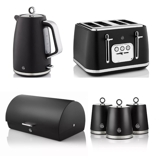 Swan Serenity Kettle, 4 Slice Toaster, Bread Bin & Canisters Kitchen Set (Black)