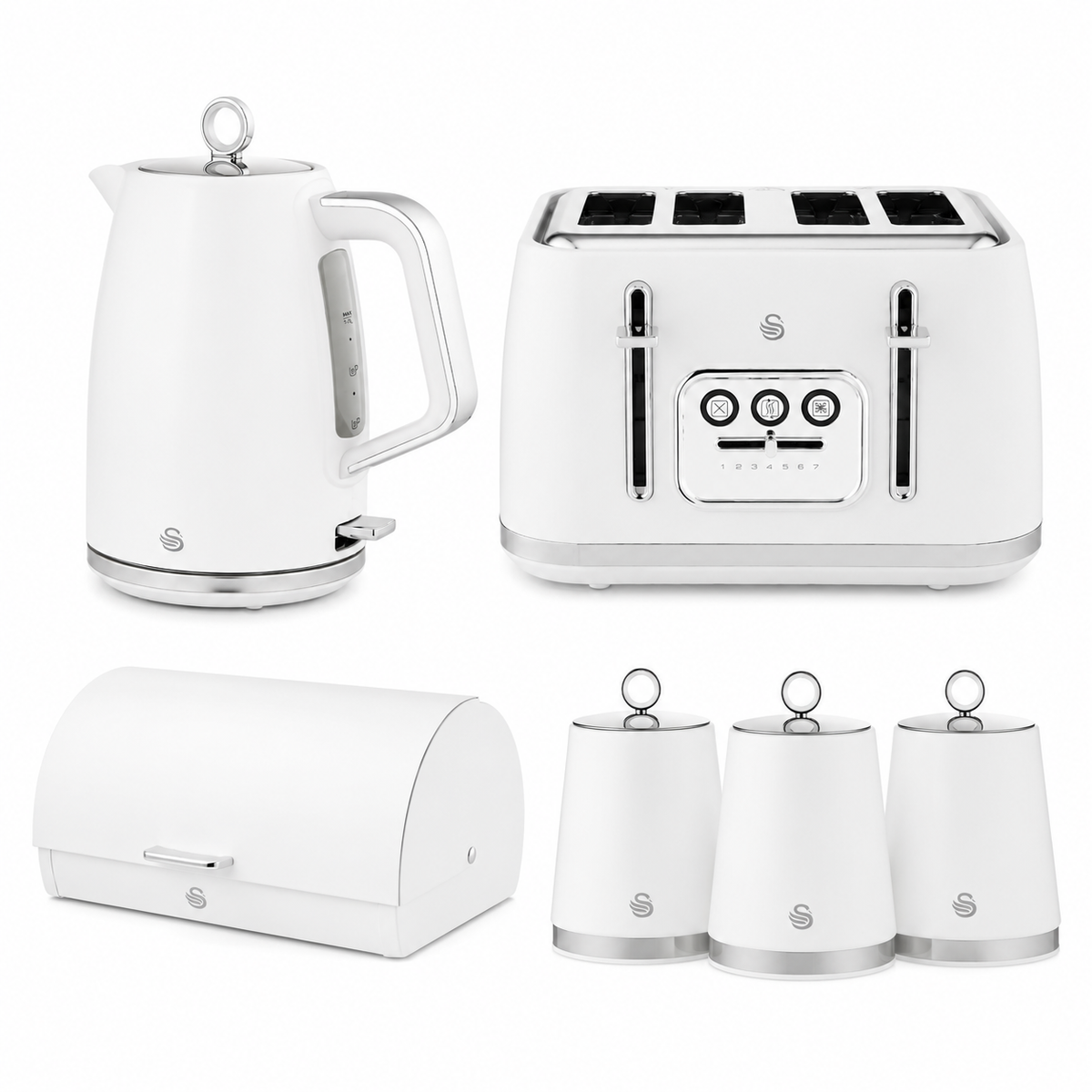 Swan Swan Serenity Kettle, 4 Slice Toaster, Bread Bin & Canisters Kitchen Set (White)