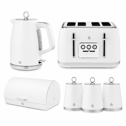 Swan Swan Serenity Kettle, 4 Slice Toaster, Bread Bin & Canisters Kitchen Set (White)