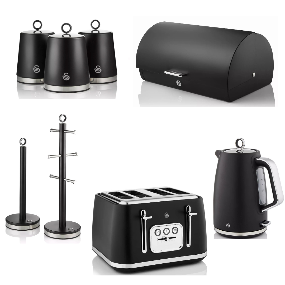 Swan Serenity Kettle, 4 Slice Toaster, Bread Bin, Canisters, Mug Tree & Towel Pole Set (Black)