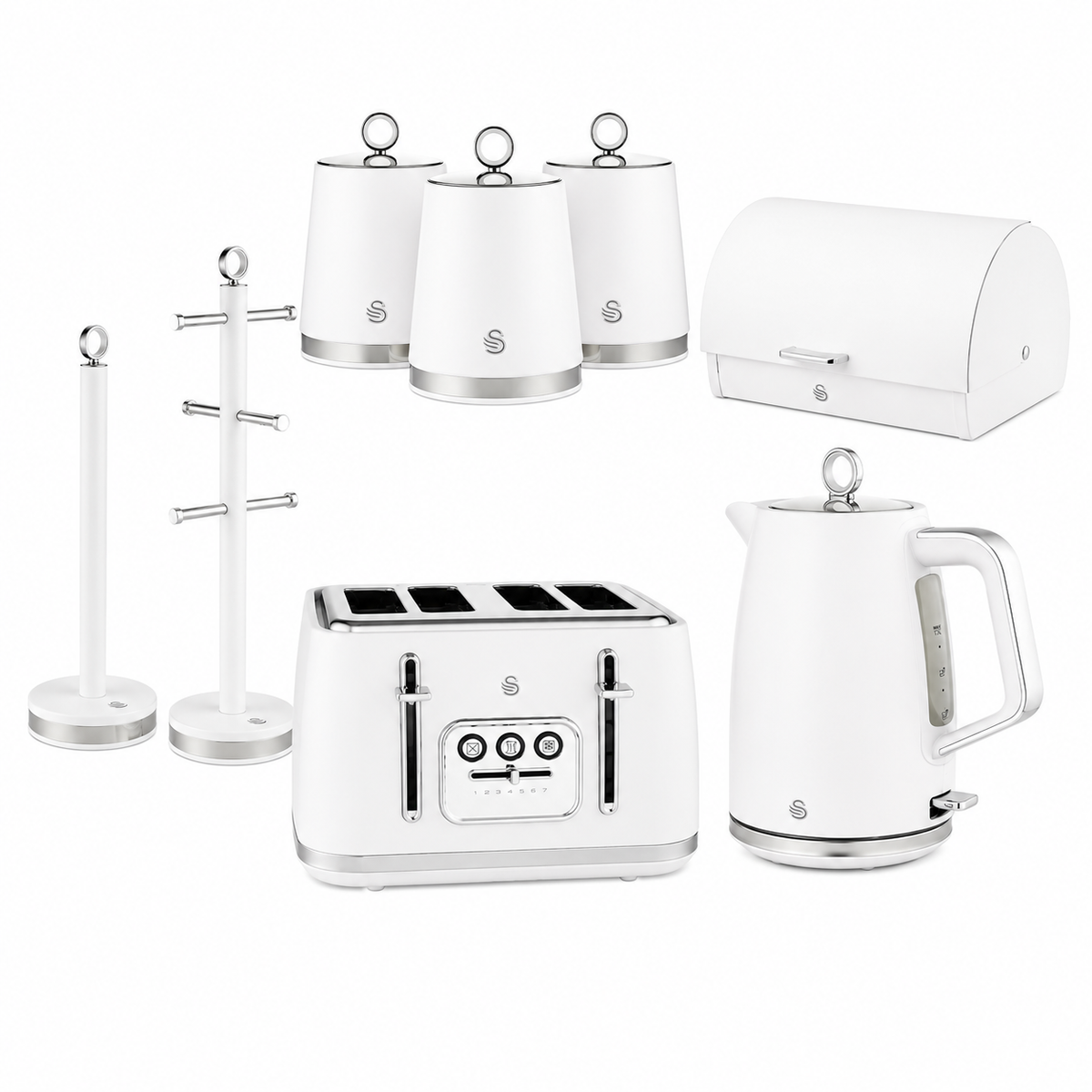 Swan Swan Serenity Kettle, 4 Slice Toaster, Bread Bin, Canisters, Mug Tree & Towel Pole Set (White)