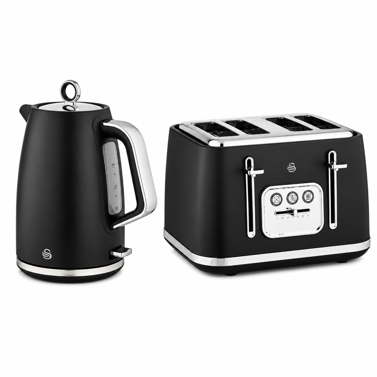 Black electric kettle and 4-slice toaster kitchen set with brushed steel accents