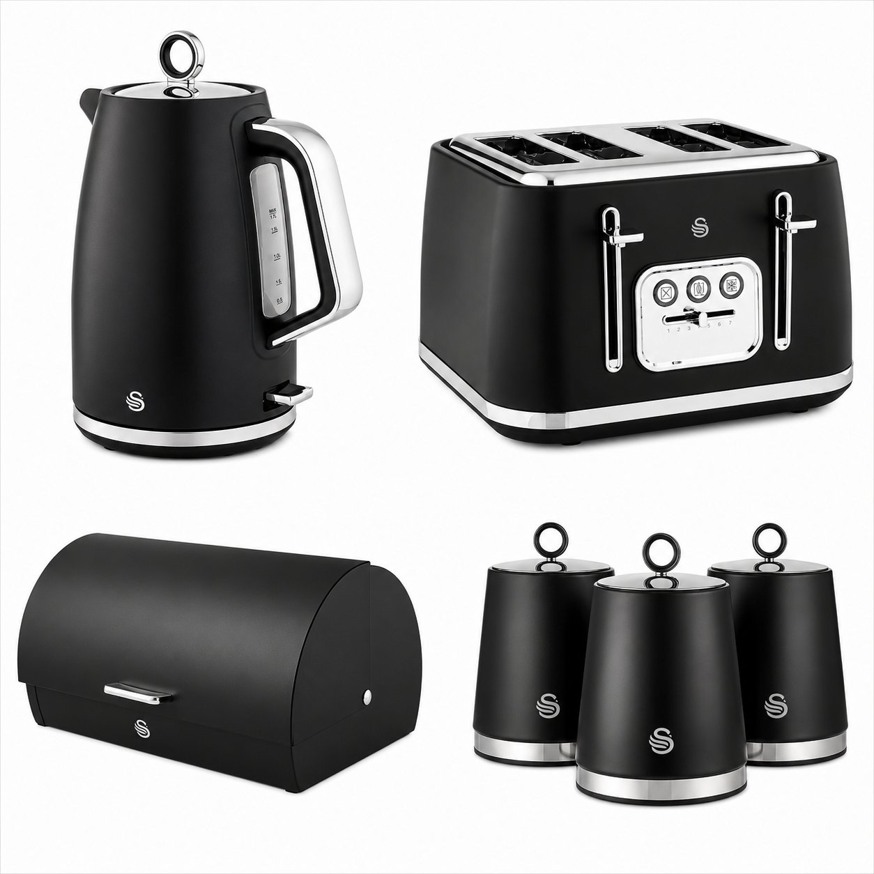 Swan Swan Serenity Kettle, 4 Slice Toaster, Bread Bin & Canisters Kitchen Set (Black)