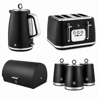Swan Swan Serenity Kettle, 4 Slice Toaster, Bread Bin & Canisters Kitchen Set (Black)