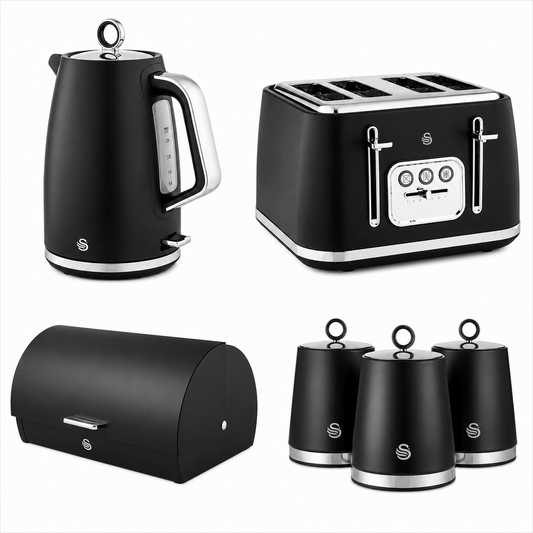 Swan Serenity Kettle, 4 Slice Toaster, Bread Bin & Canisters Kitchen Set (Black)