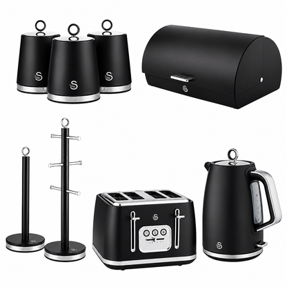 Swan Swan Serenity Kettle, 4 Slice Toaster, Bread Bin, Canisters, Mug Tree & Towel Pole Kitchen Set (Black)