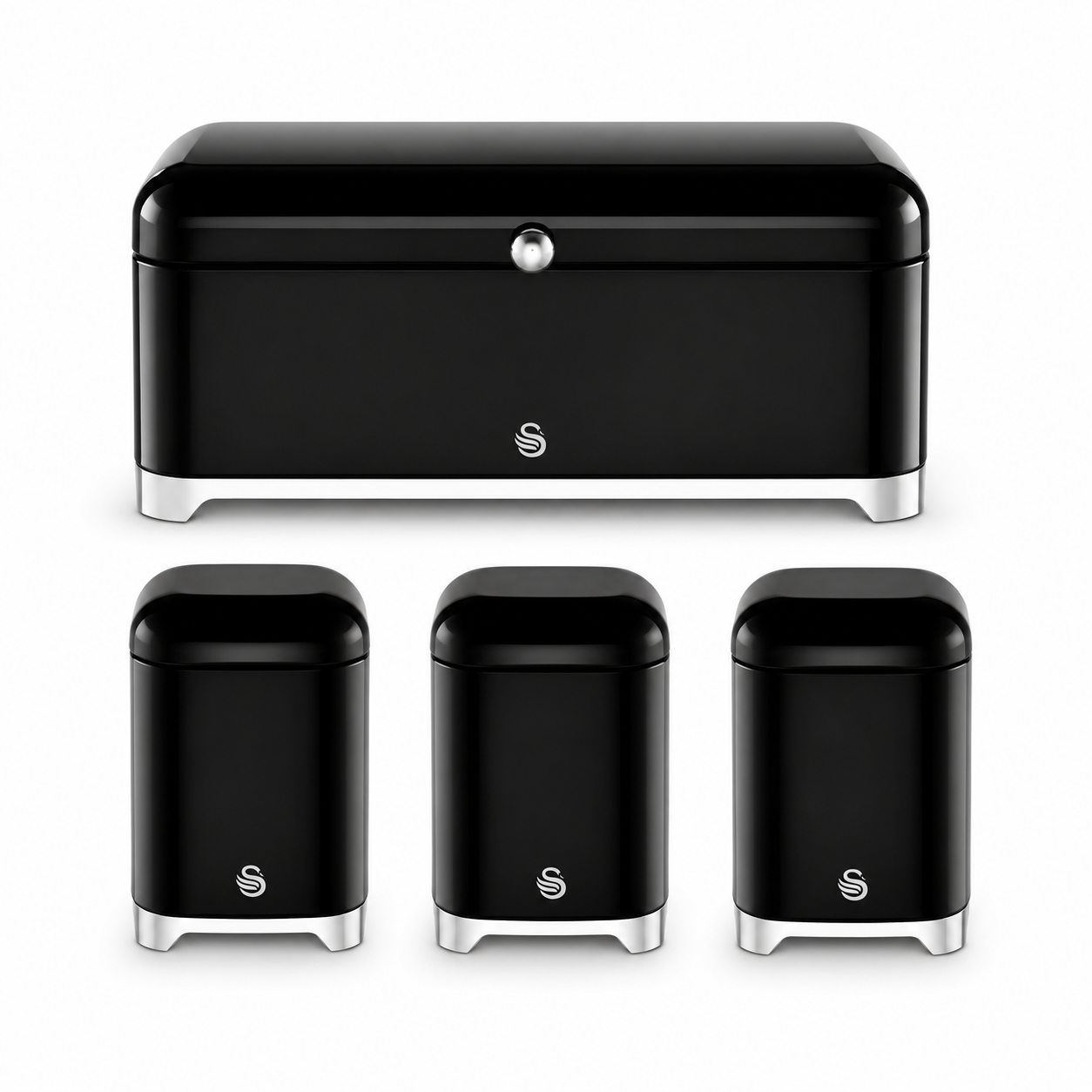Black bread bin with domed lid and three matching canisters, with silver base trim