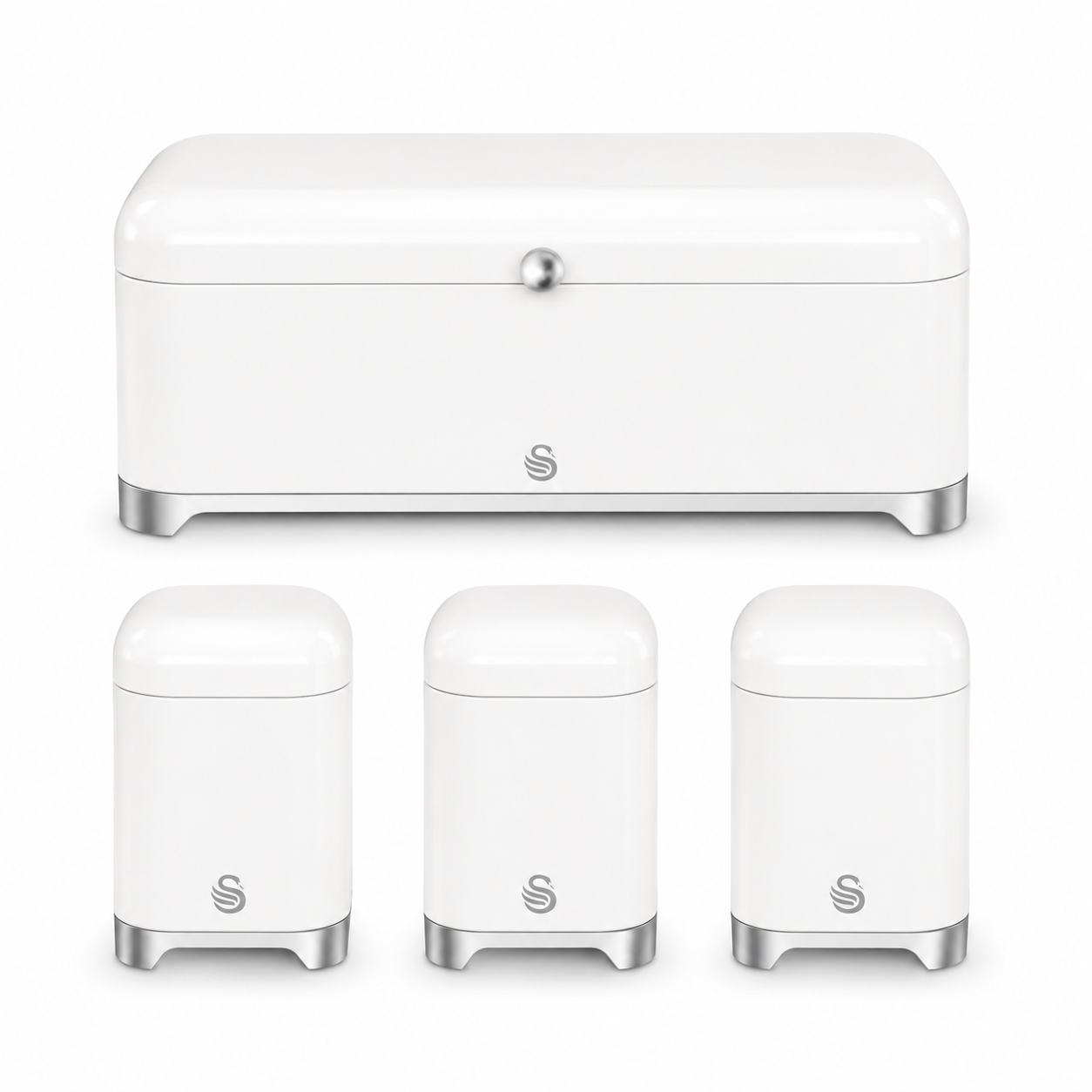 White bread bin and 3 canisters storage set with lids and feet