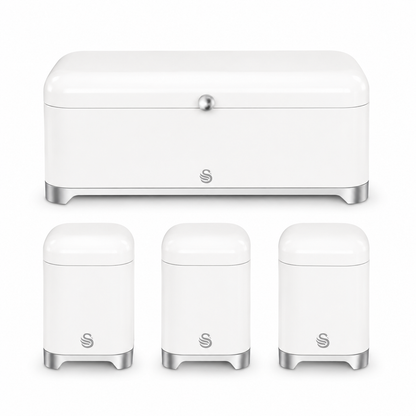 White bread bin and 3 canisters storage set with lids and feet