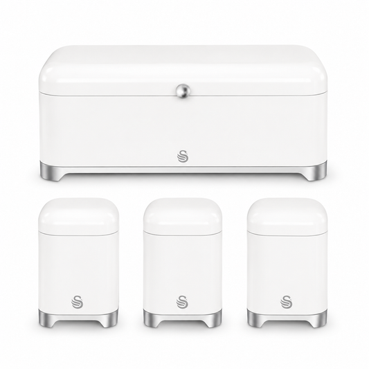 A set of white kitchen storage containers, including one larger rectangular bread bin with a lid and three smaller cylindrical canisters, all shown on a clean white background. The containers feature a glossy white finish with brushed silver metal bases and feet, and a silver logo on the front.