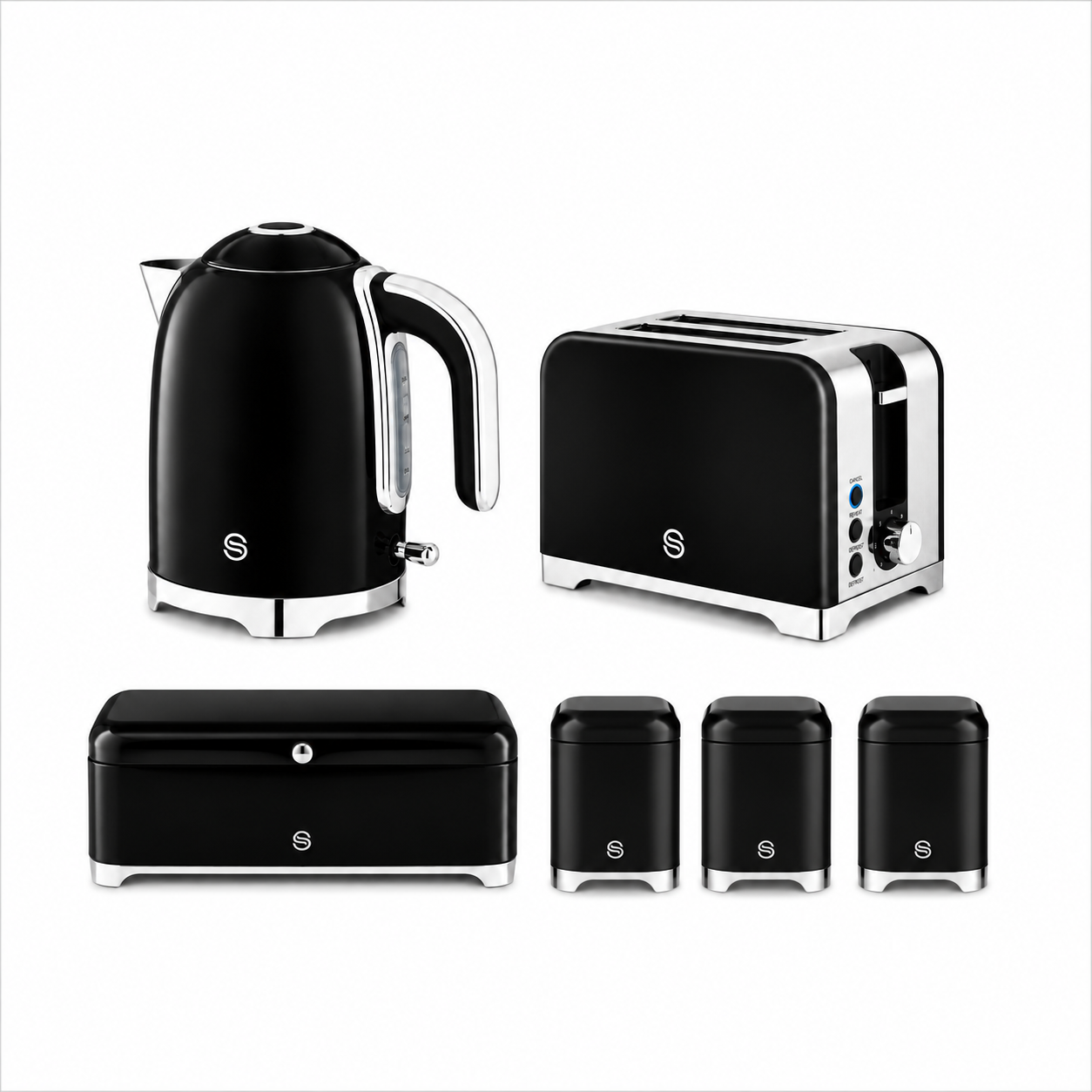 Black Swan kitchen set: kettle, 2-slice toaster, bread bin and three canisters