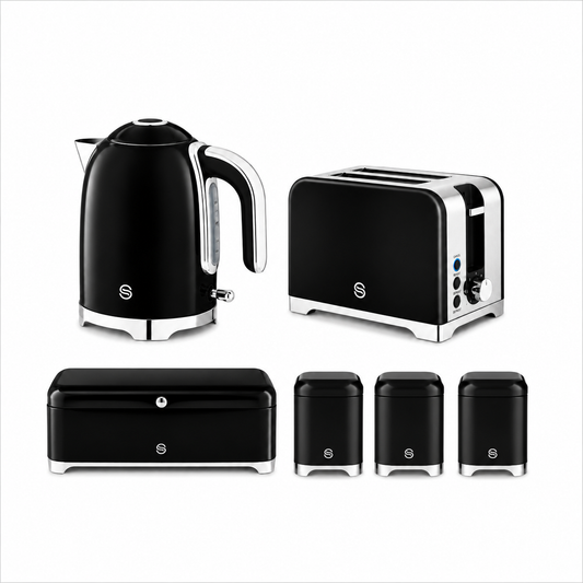 Black Swan kitchen set: kettle, 2-slice toaster, bread bin and three canisters