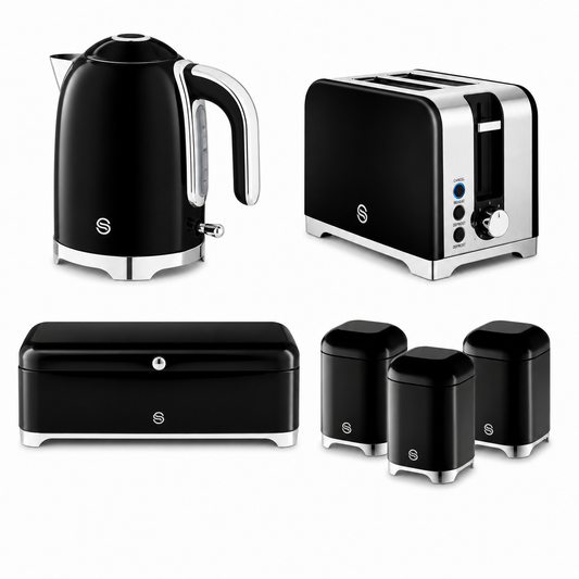Swan Solace Jug Kettle, 2 Slice Toaster, Bread Bin, Canisters Kitchen Set (Black) - Vibe Home