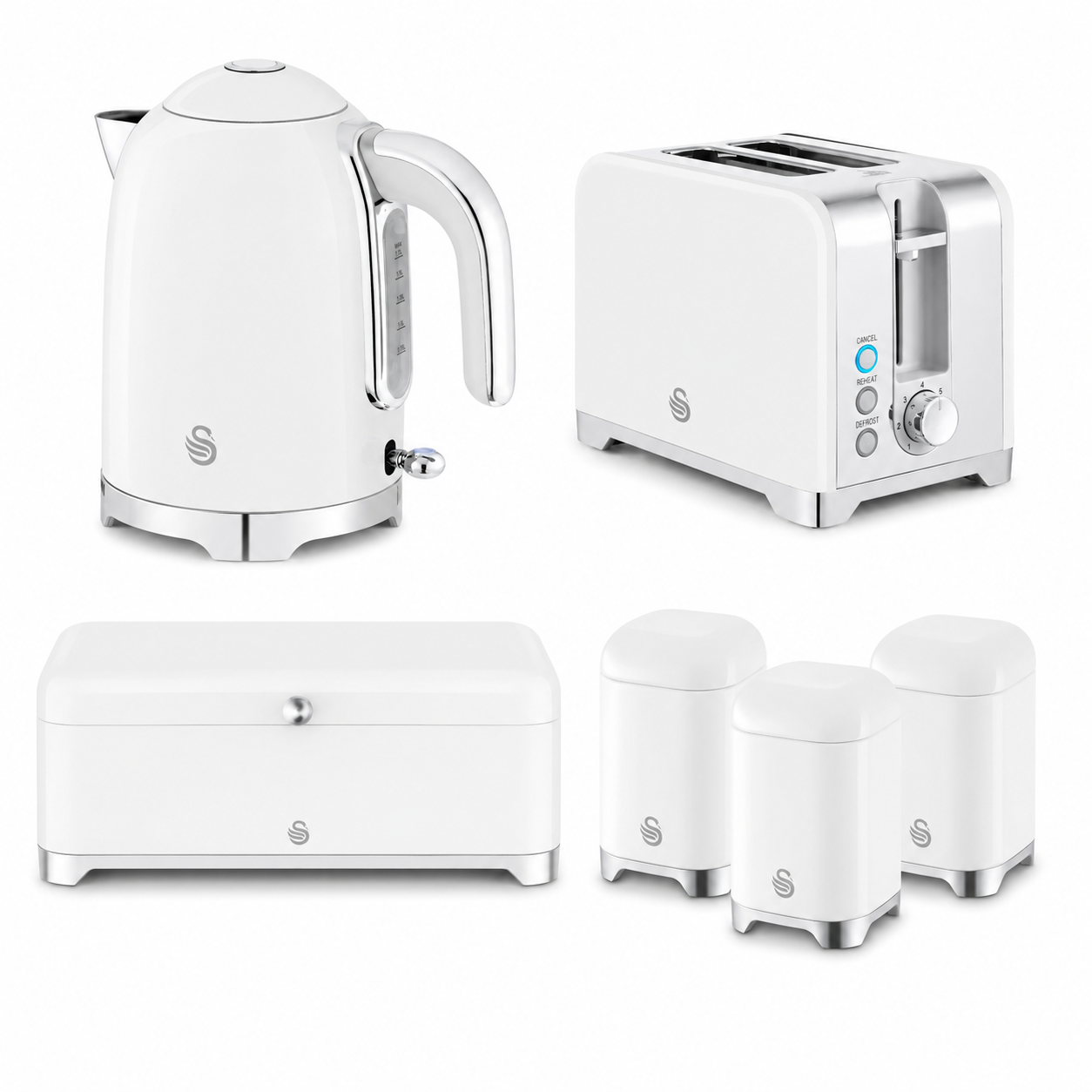 Swan Swan Solace Jug Kettle, 2 Slice Toaster, Bread Bin & Canisters Kitchen Set (White)