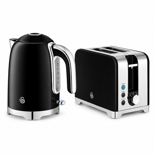 A Swanson black and stainless steel electric kettle and a matching two-slice toaster, shown on a clean white background.