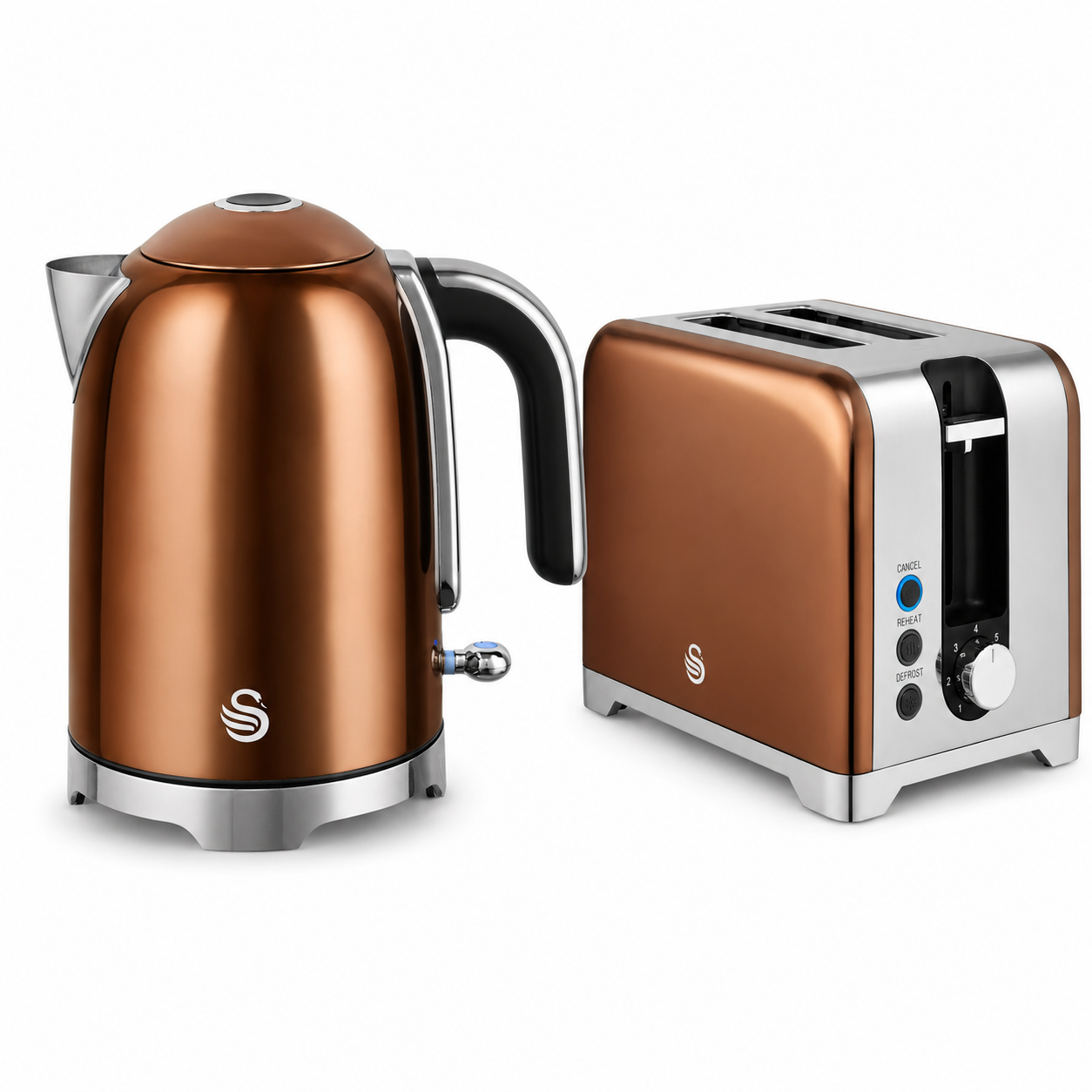 Copper electric jug kettle and 2-slice toaster kitchen set with black accents