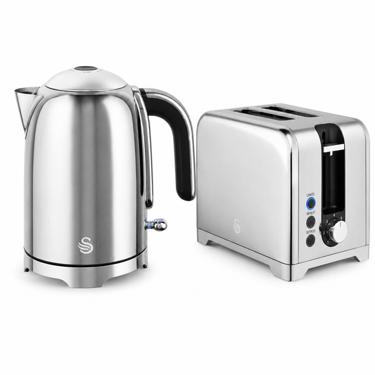 A stainless steel electric kettle and a matching two-slot toaster, both with black handles and controls, shown on a clean white background. The Swan logo is visible on both appliances.