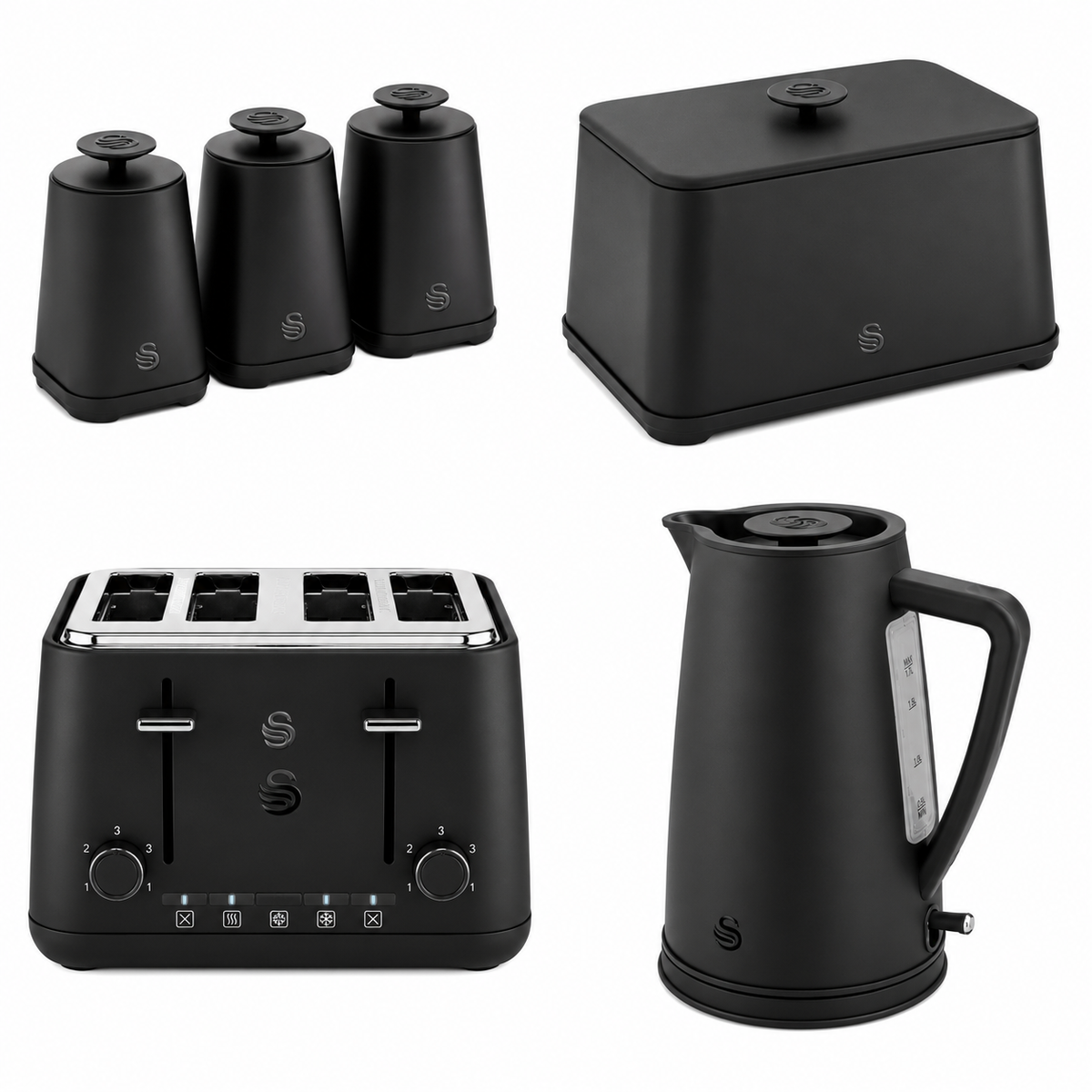 Swan Swan Stealth Kettle, 4 Slice Toaster, Bread Bin & Canisters Kitchen Set (Matt Black)
