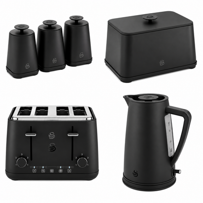 Swan Swan Stealth Kettle, 4 Slice Toaster, Bread Bin & Canisters Kitchen Set (Matt Black)