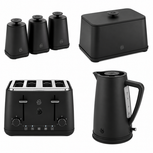 Matt black kitchen set: three canisters, 4-slice toaster and kettle with handle