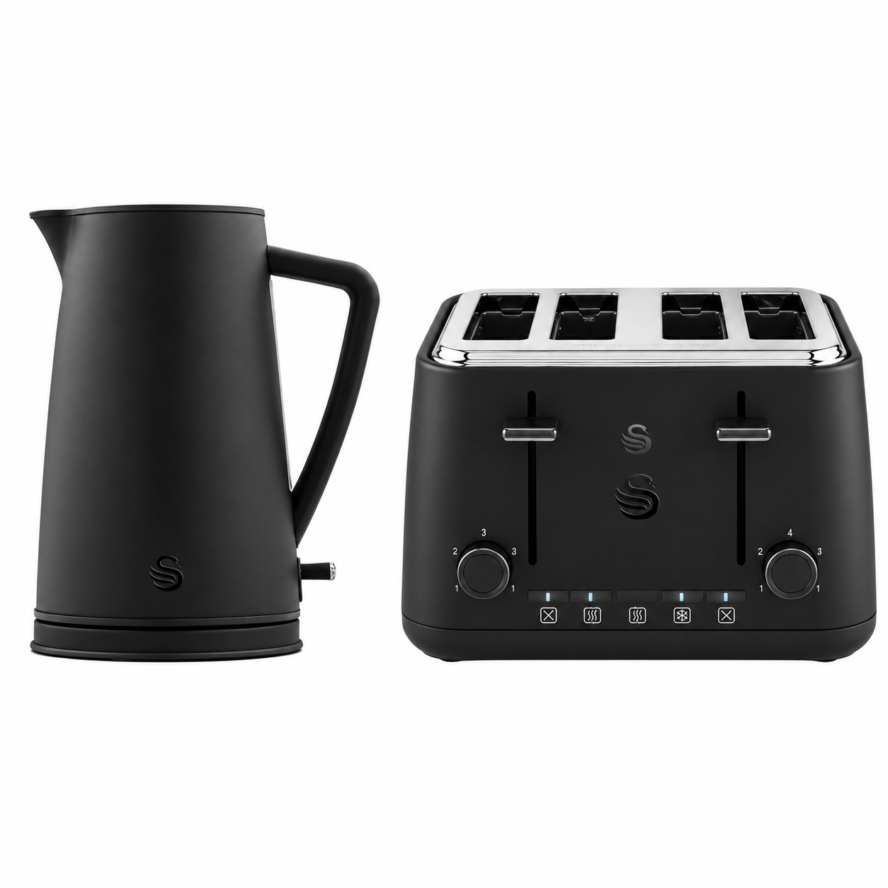 Swan Stealth matt black kettle and 4-slice toaster set, front view together