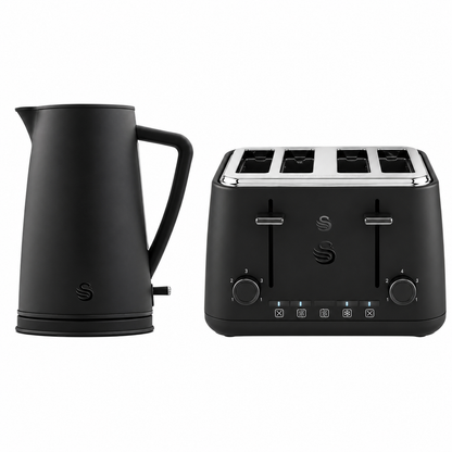 Swan Stealth matt black kettle and 4-slice toaster set, front view together
