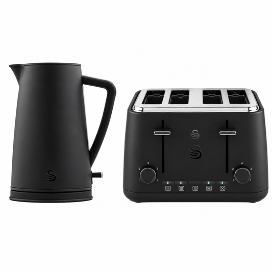 Swan Stealth matt black kettle and 4-slice toaster set, front view together