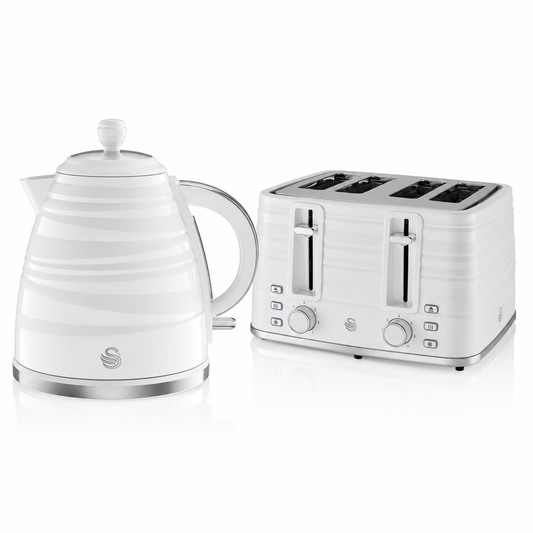 White electric kettle and white 4-slice toaster set on a clean background