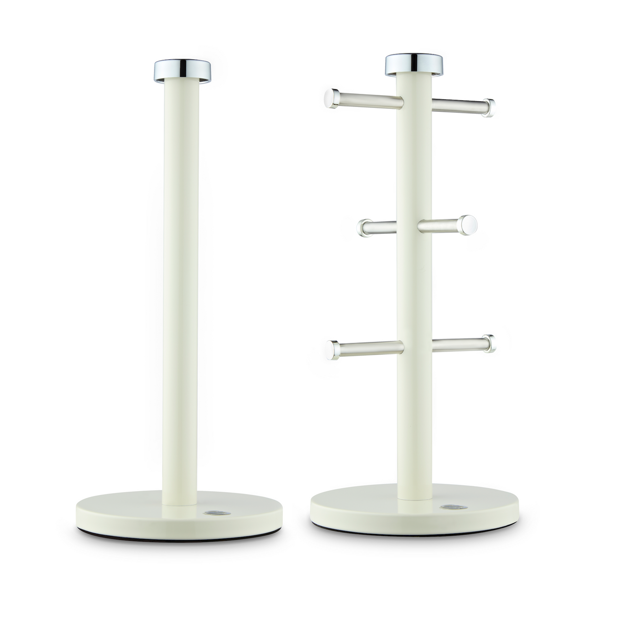 Cream metal towel pole & mug tree stand with round base and three towel bars
