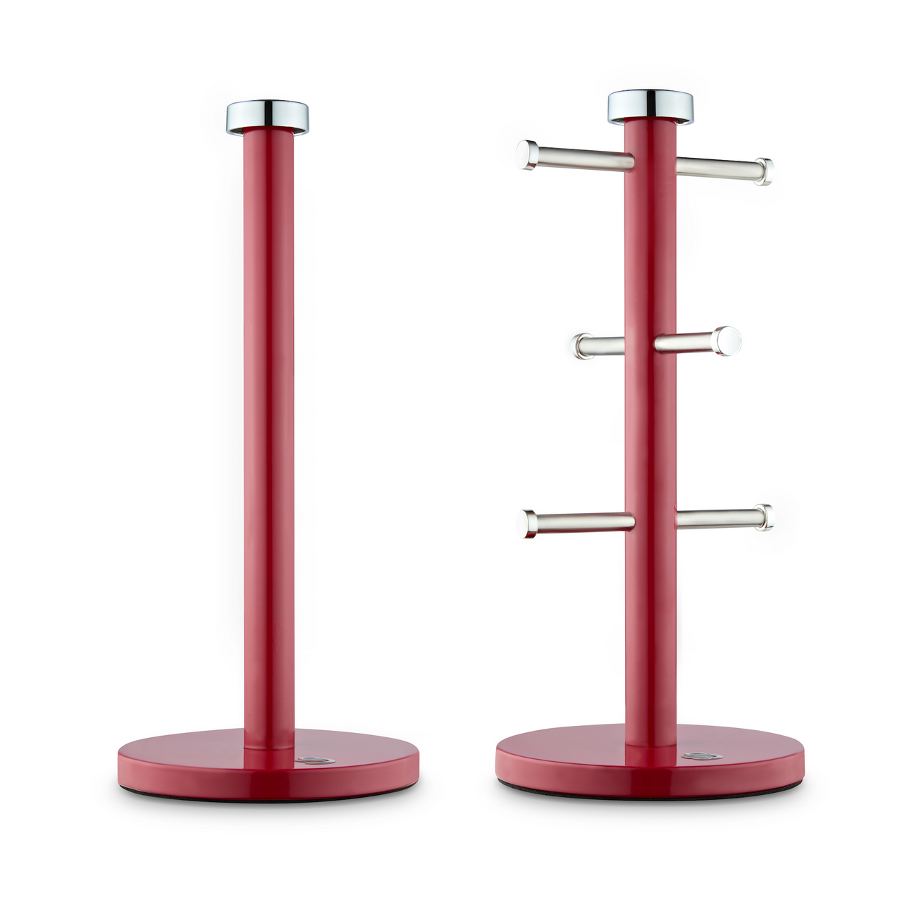 Red towel pole and mug tree stand with three bar hooks on circular base
