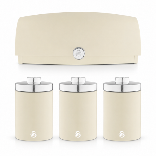 Cream bread bin with three matching canisters, each with chrome metal lids