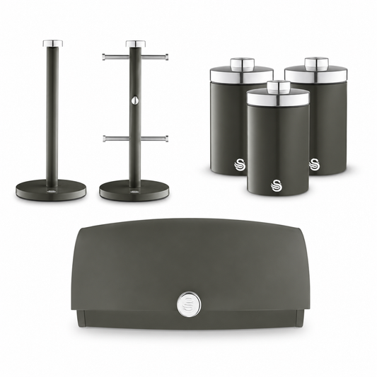 Graphite kitchen storage set with towel pole, bread bin and matching canisters