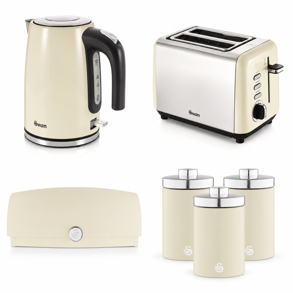 Swan Swan Townhouse Kettle, 2 Slice Toaster, Bread Bin, Canisters Kitchen Set (Cream)