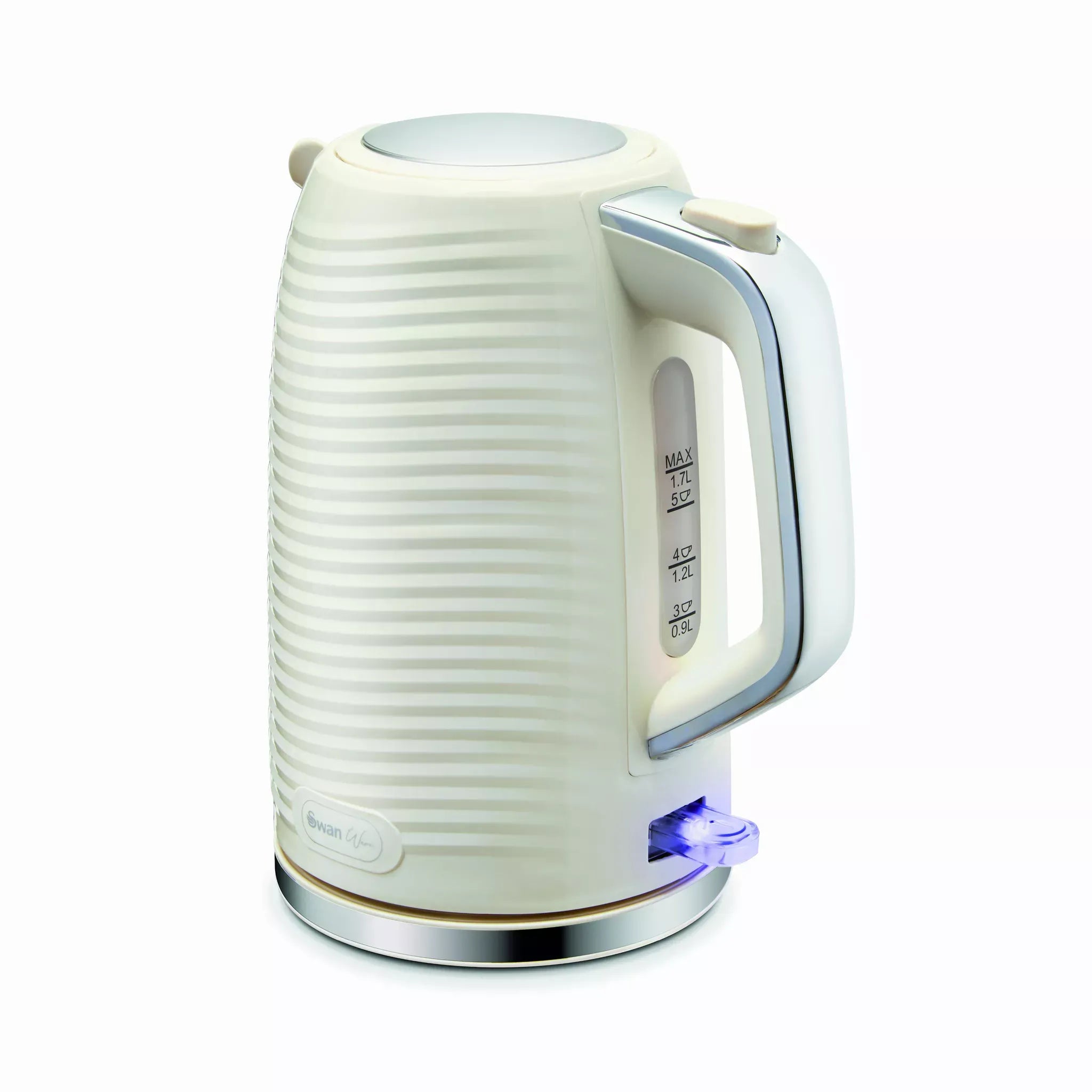 Cream electric kettle with blue LED base and side handle