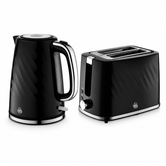 Black electric kettle and 2-slice toaster set with matching silver accents