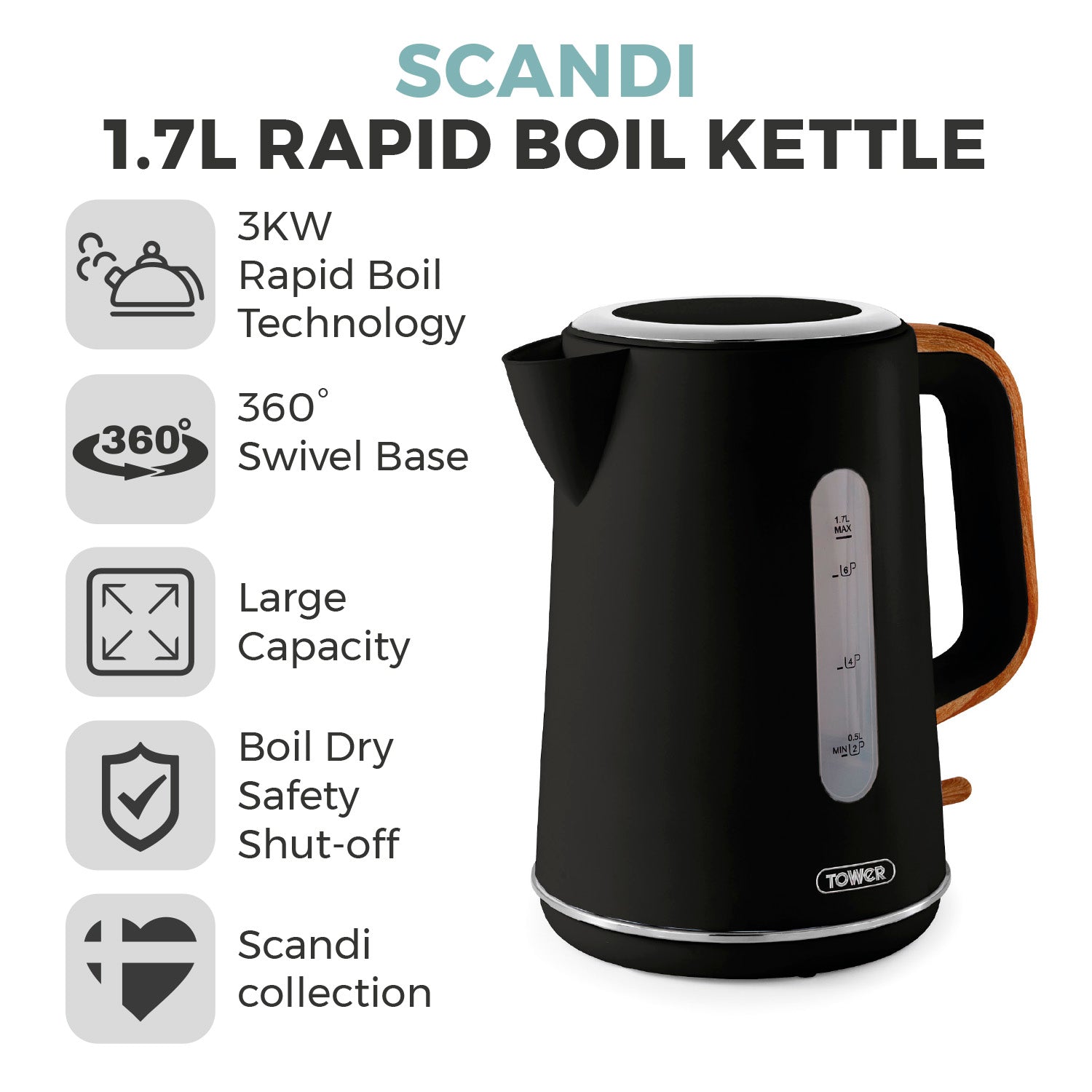 Tower Jug Kettle with Rapid Boil 3000W T10037BLK (Black)