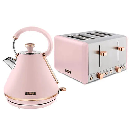 Tower Cavaletto Pyramid Kettle & 4 Slice Toaster Kitchen Set (Pink) - Vibe Home