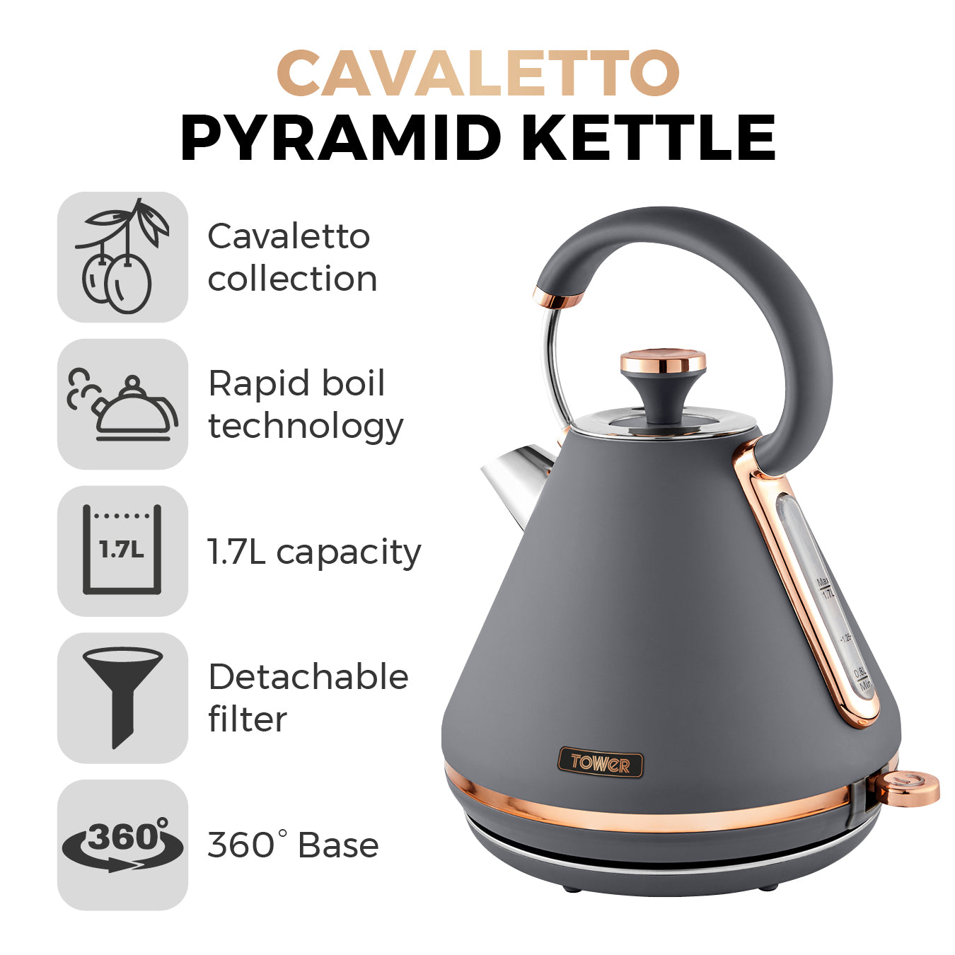 Tower Cavaletto Grey Kettle and 2 Slice Toaster Kitchen Set with Gold Accents