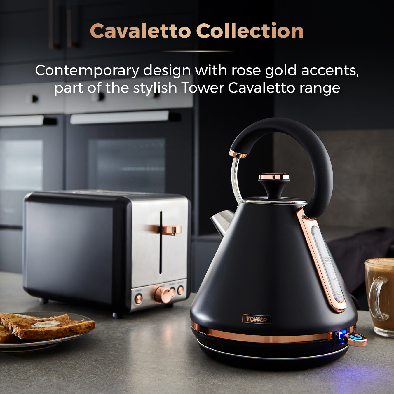 Tower T10044RG Cavaletto Pyramid Kettle with Fast Boil, Detachable Filter, 1.7 Litre, 3000 W, Black and Rose Gold