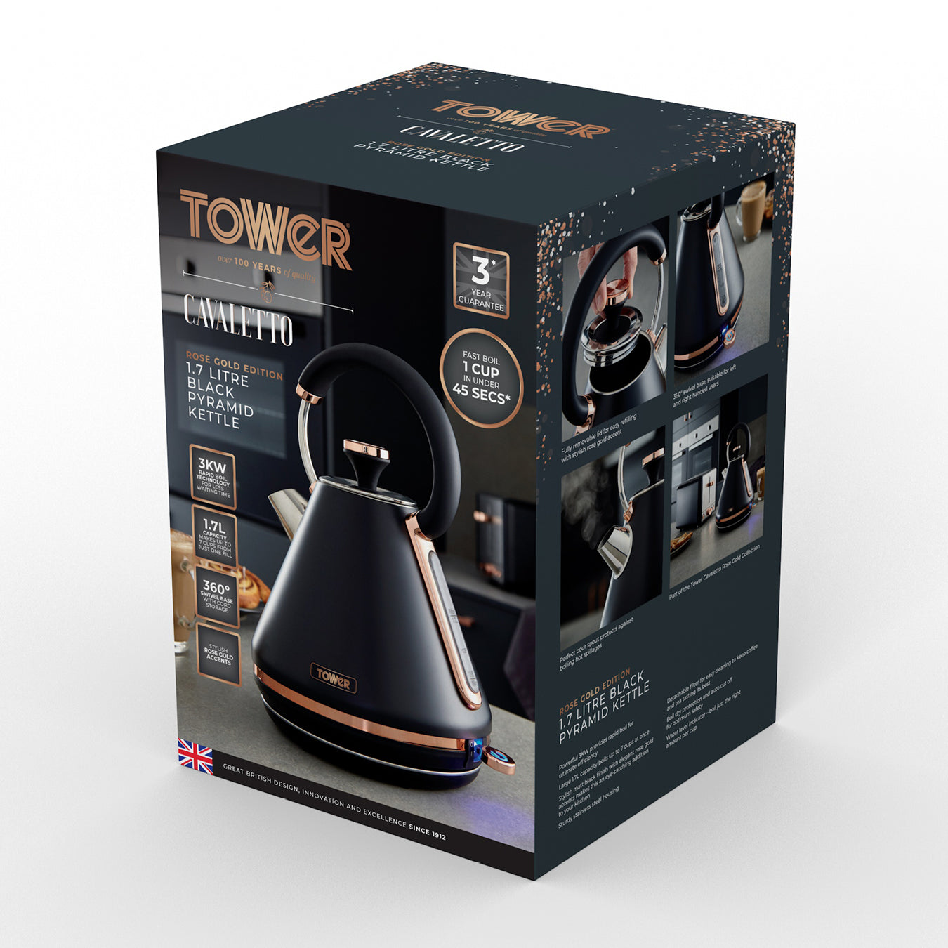 Tower Cavaletto Pyramid Kettle Fast Boil T10044RG (Black)