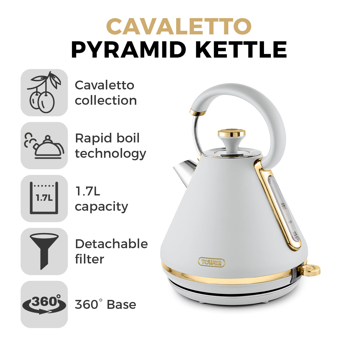 Tower T10044WHT Cavaletto Pyramid Kettle with Fast Boil, Detachable Filter, 1,7L, 3000W, Optic White and Champagne Gold