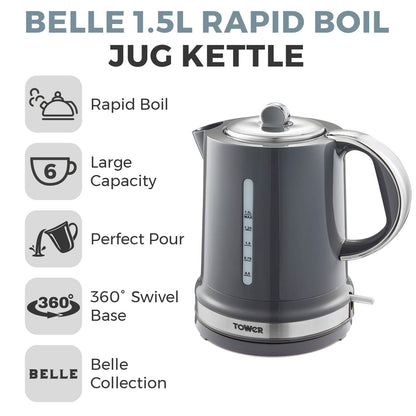 Tower Belle Grey Kitchen Set - Kettle, Toaster, Bread Bin & Canisters