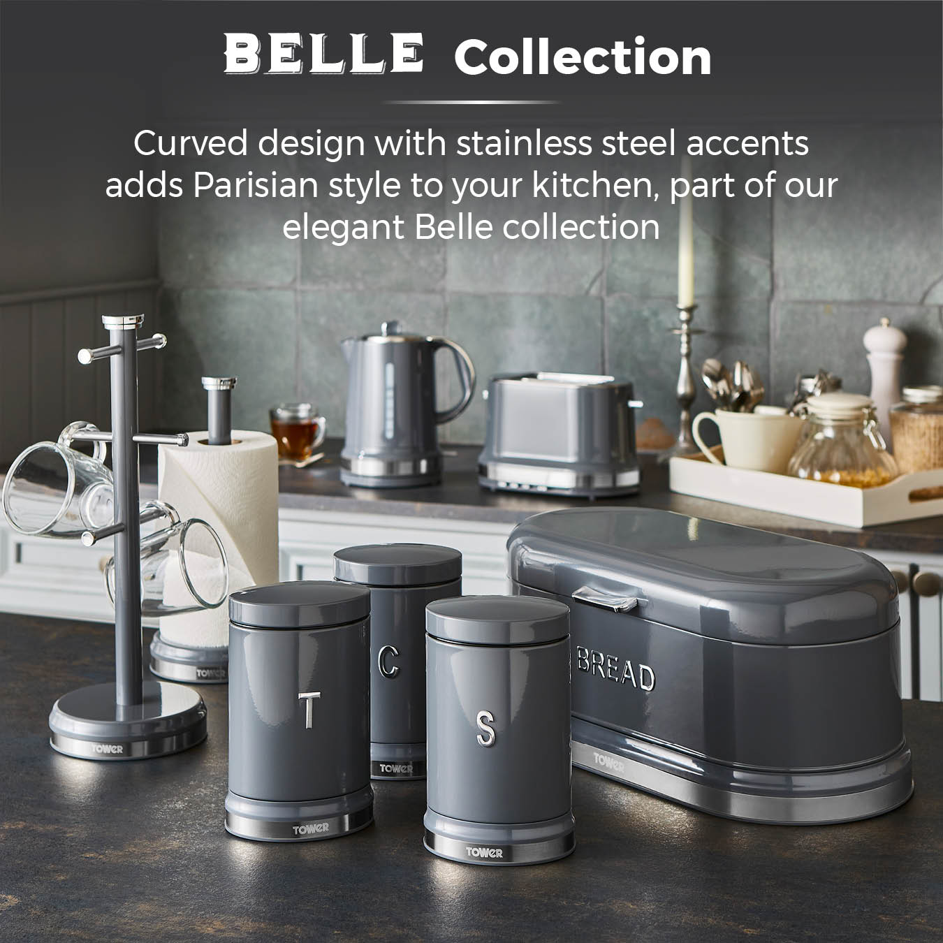 Tower Belle Grey Kitchen Set - Kettle, Toaster, Bread Bin & Canisters